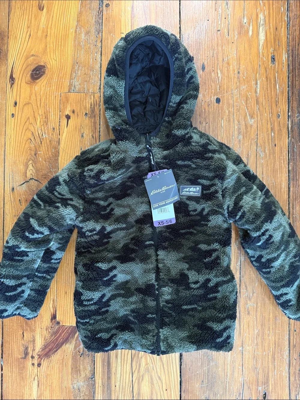 Eddie Bauer Kids Black Quilted Hooded Puffer reversible camo Coat size 5/6